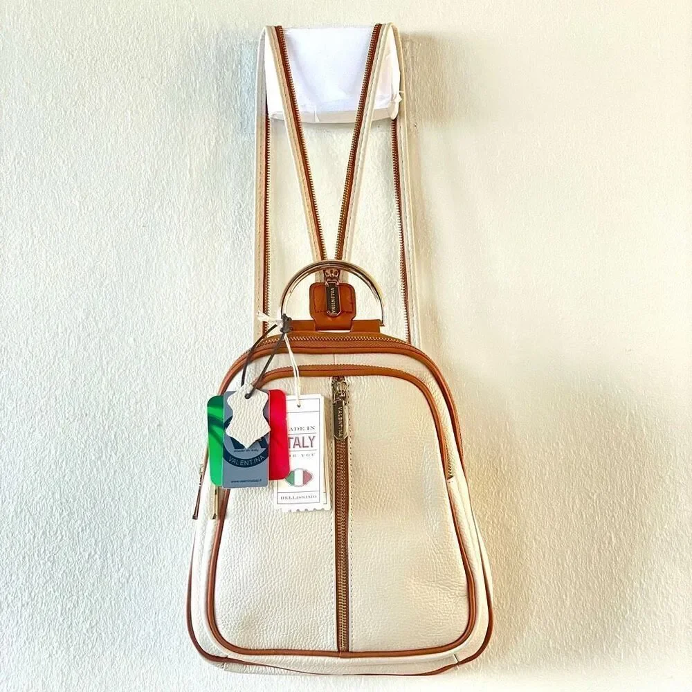 NWT Valentina Genuine Ivory & Tan Pebble Italian Leather Convertible Backpack
